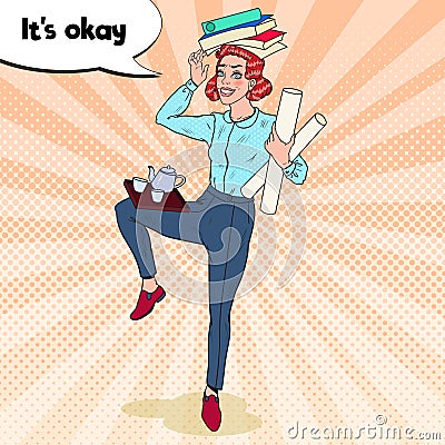 Pop Art Multitasking Business Woman at Work. Overload Office Worker Vector Illustration