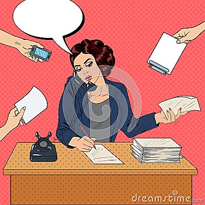Pop Art Multitasking Busy Business Woman at Office Work Vector Illustration