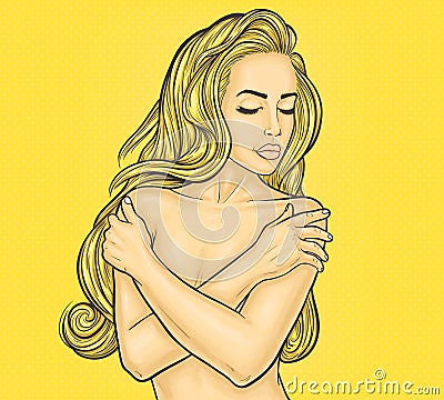 Pop art nude woman covers breasts with her hands Vector Illustration