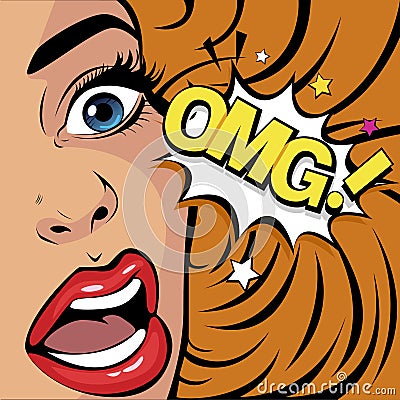 Pop art omg woman in emotions feelings of psychological stress or shock. News and gossip. Vector Illustration