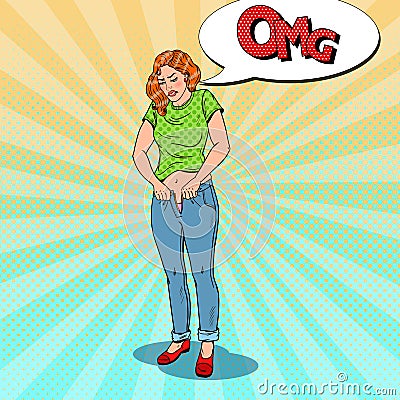 Pop Art Overweight Woman Trying to Fasten To Small Trousers Vector Illustration