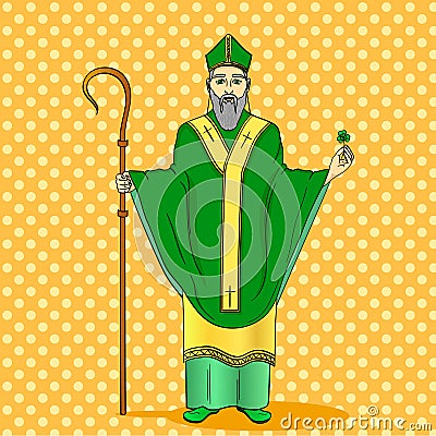 Pop art patron saint of Ireland. Saint Patrick holding a trefoil and crosier staff with greeting ribbon Cartoon Illustration