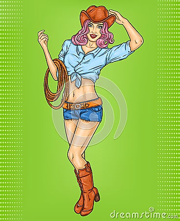 Pop art pin up illustration of a rodeo girl Cartoon Illustration