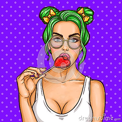 Pop art pin up young punk girl sucks lollipop Vector Illustration