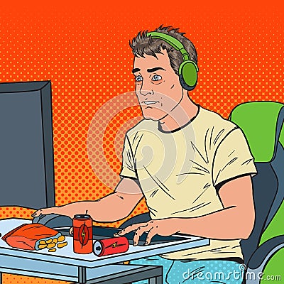 Pop Art Portrait of Exhausted Man Playing Video Games. Computer Addicted Guy Vector Illustration