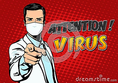 Pop art poster coronavirus attention virus warning Vector Illustration