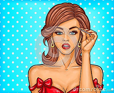 Pop art pretty girl makes eyebrow correction with tweezers Cartoon Illustration