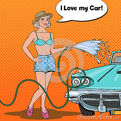 Pop Art Pretty Woman Washing Classic Car with Hose Vector Illustration