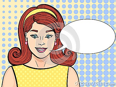 Pop art raster. Fashion model beautiful brunette girl. Retro hairstyle, styling text bubble Cartoon Illustration