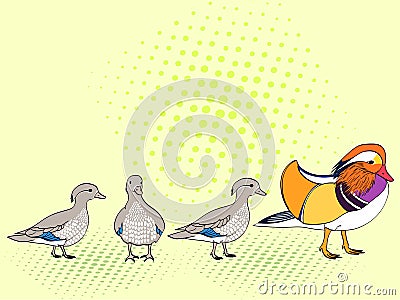 Pop Art. Raster of imitation retro comic style. The family bird, Mandarin duck, goose. ducklings young children Cartoon Illustration