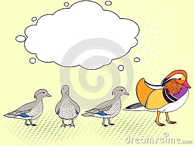 Pop Art. Raster of imitation retro comic style. The family bird, Mandarin duck, goose. ducklings young children. Text Cartoon Illustration