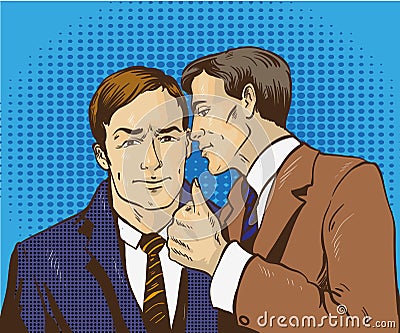 Pop art retro comic vector illustration. Two businessman talk to each other. Man tell business secret his friend. Speech Vector Illustration