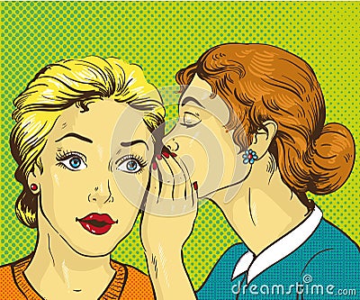 Pop art retro comic vector illustration. Woman whispering gossip or secret to her friend Vector Illustration