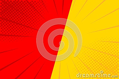 Pop art retro comic. Yellow and red background. Versus lightning blast halftone dots. Cartoon vs. Vector Vector Illustration