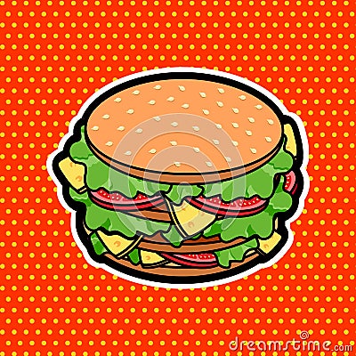 Pop art retro style burger sandwich, vector tasty fast food icon in comic style Vector Illustration