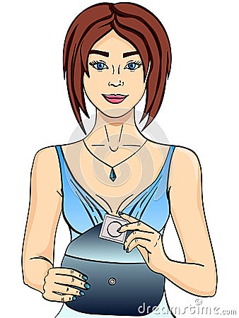 Pop art retro woman getting ready for date and putting condom in handbag. object on white background Vector Illustration