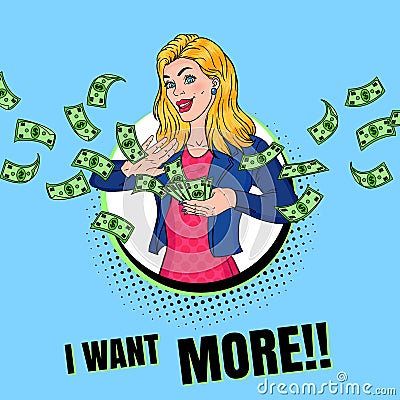 Pop Art Rich Woman Throwing Dollar Banknotes Vector Illustration