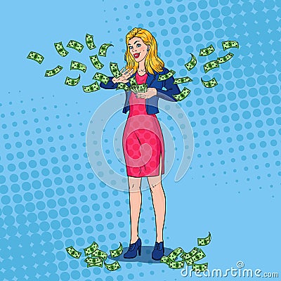 Pop Art Rich Woman Throwing Dollar Banknotes Vector Illustration
