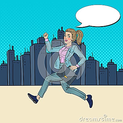 Pop Art Running Business Woman with Briefcase Vector Illustration