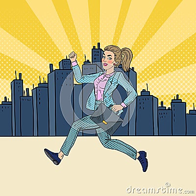 Pop Art Running Business Woman with Briefcase Vector Illustration