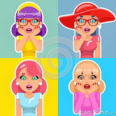 Pop Art Sale Cute Surprised Female Girls Woman Hand Palm Face Cartoon Characters Set Flat Design Vector Illustration Vector Illustration