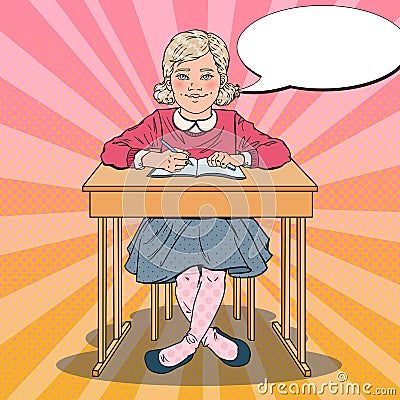 Pop Art Schoolgirl Sitting at School Desk in Classroom. Educational Concept Vector Illustration