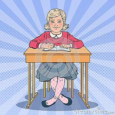 Pop Art Schoolgirl Sitting at School Desk. Educational Concept Vector Illustration