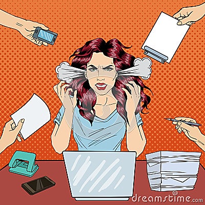 Pop Art Screaming Angry Business Woman with Laptop at Office Work Vector Illustration