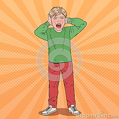 Pop Art Screaming Boy Tearing his Hair. Aggressive Kid. Emotional Child Facial Expression Vector Illustration