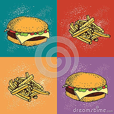 Pop art seamless pattern of burger and french fries . Fast food. Vector Illustration