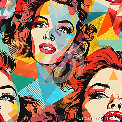 pop art seamless pattern in the style of layered portraits, animated exuberance, multi-layered collages, retro-style. Stock Photo