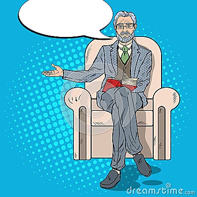 Pop Art Senior Businessman Pointing on Copy Space Vector Illustration