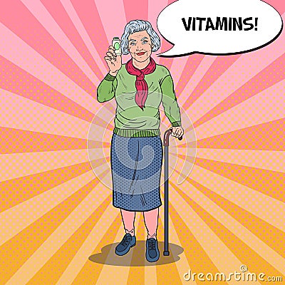 Pop Art Senior Happy Woman with Vitamins. Health Care Vector Illustration