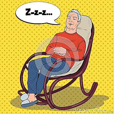 Pop Art Senior Man Sleeping in Chair. Grandfather Resting in Armchair Vector Illustration