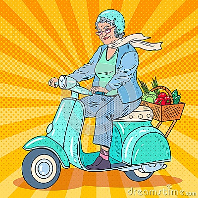 Pop Art Senior Woman Riding Scooter. Lady Biker Vector Illustration