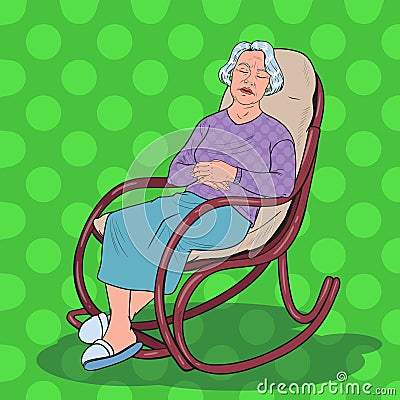 Pop Art Senior Woman Sleeping in Chair. Grandmother Resting in Armchair Vector Illustration
