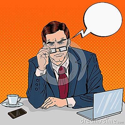 Pop Art Serious Businessman with Eyeglasses at Office Work Vector Illustration