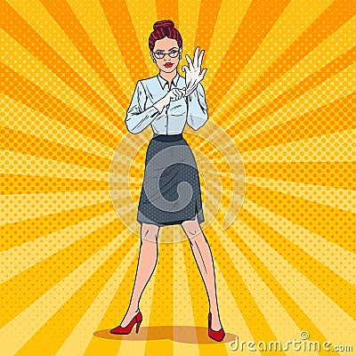 Pop Art Serious Female Inspector Wearing White Gloves. Professional Examiner Vector Illustration