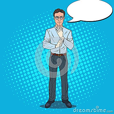 Pop Art Serious Male Inspector Wearing White Gloves. Professional Examiner Vector Illustration