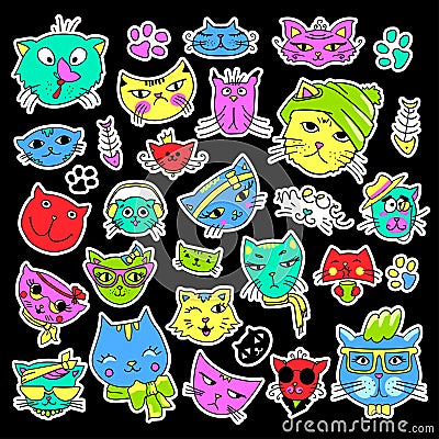 Pop art set with fashion patch badges. Cats and kittens Stickers, pins, patches, quirky, handwritten notes collection Vector Illustration