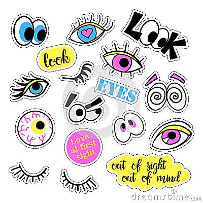 Pop art set with fashion patch badges and different eyes. Stickers, pins, patches, quirky, handwritten notes collection Vector Illustration