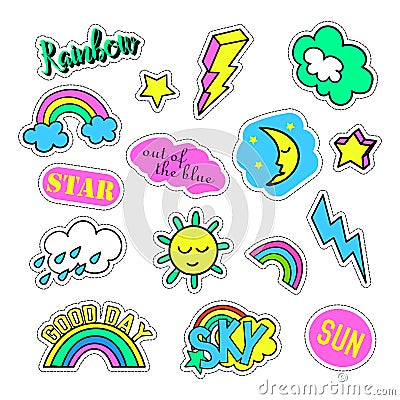 Pop art set with fashion patch badges and different sky elements. Stickers, pins, patches, quirky, handwritten notes Vector Illustration