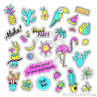 Pop art set with fashion patch badges and different tropical elements. Stickers, pins, patches, quirky, handwritten Vector Illustration