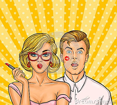 Pop art woman with red lipstick kissed a man Vector Illustration