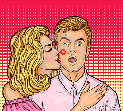 Pop art woman with red lipstick kissed a man Vector Illustration