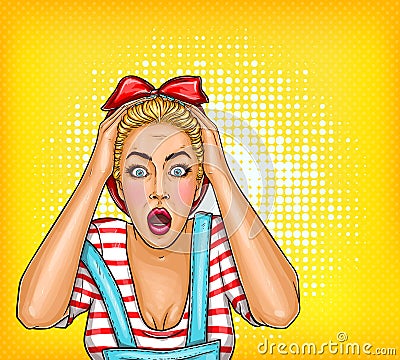 pop art pin up shocked, surprised blonde girl with opened mouth. Sale illustration, discount, advertising poster Stock Photo