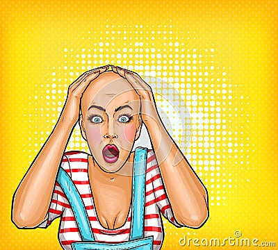 pop art shocked girl after chemotherapy or bad haircut. Bald woman with cancer. Oncology illustration, treatment Cartoon Illustration