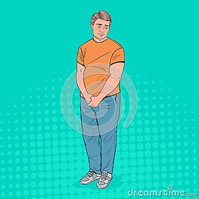 Pop Art Shy Fat Man. Overweight Ashamed Young Guy. Unhealthy Eating Vector Illustration