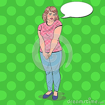 Pop Art Shy Fat Woman. Overweight Ashamed Young Girl. Unhealthy Eating Vector Illustration
