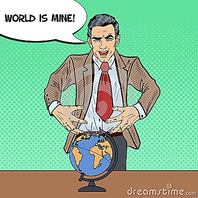 Pop Art Sinister Businessman Wants to Seize the World Vector Illustration